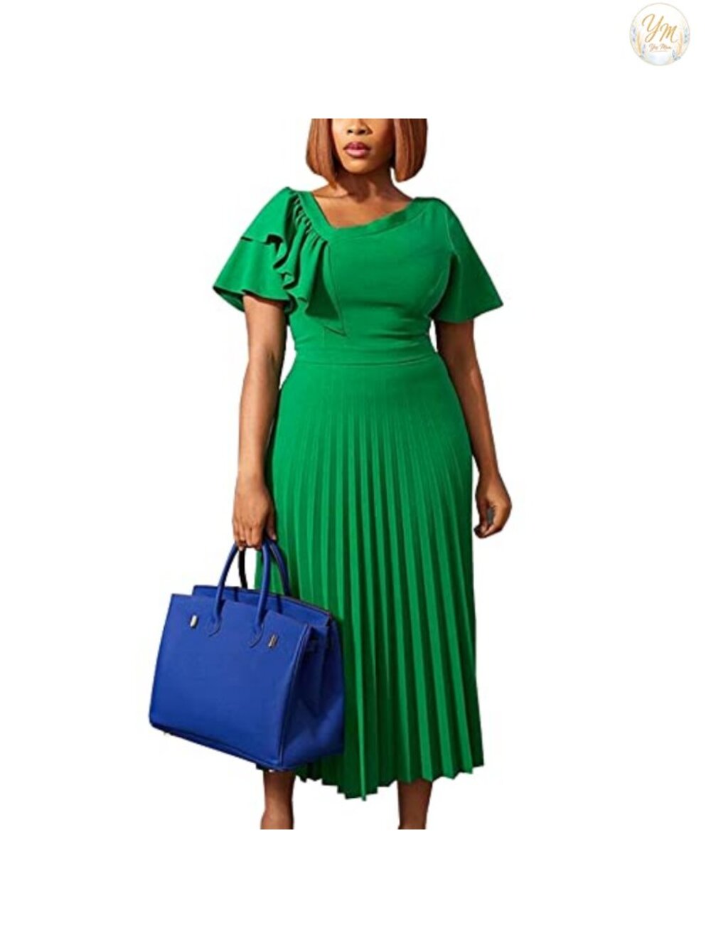 Women's Short Sleeve Asymmetrical Ruffle High Waist Pleated Midi Dress